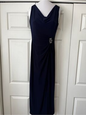 Ralph Lauren Navy Cowl Neck Maxi Dress with Side Jewel Accent